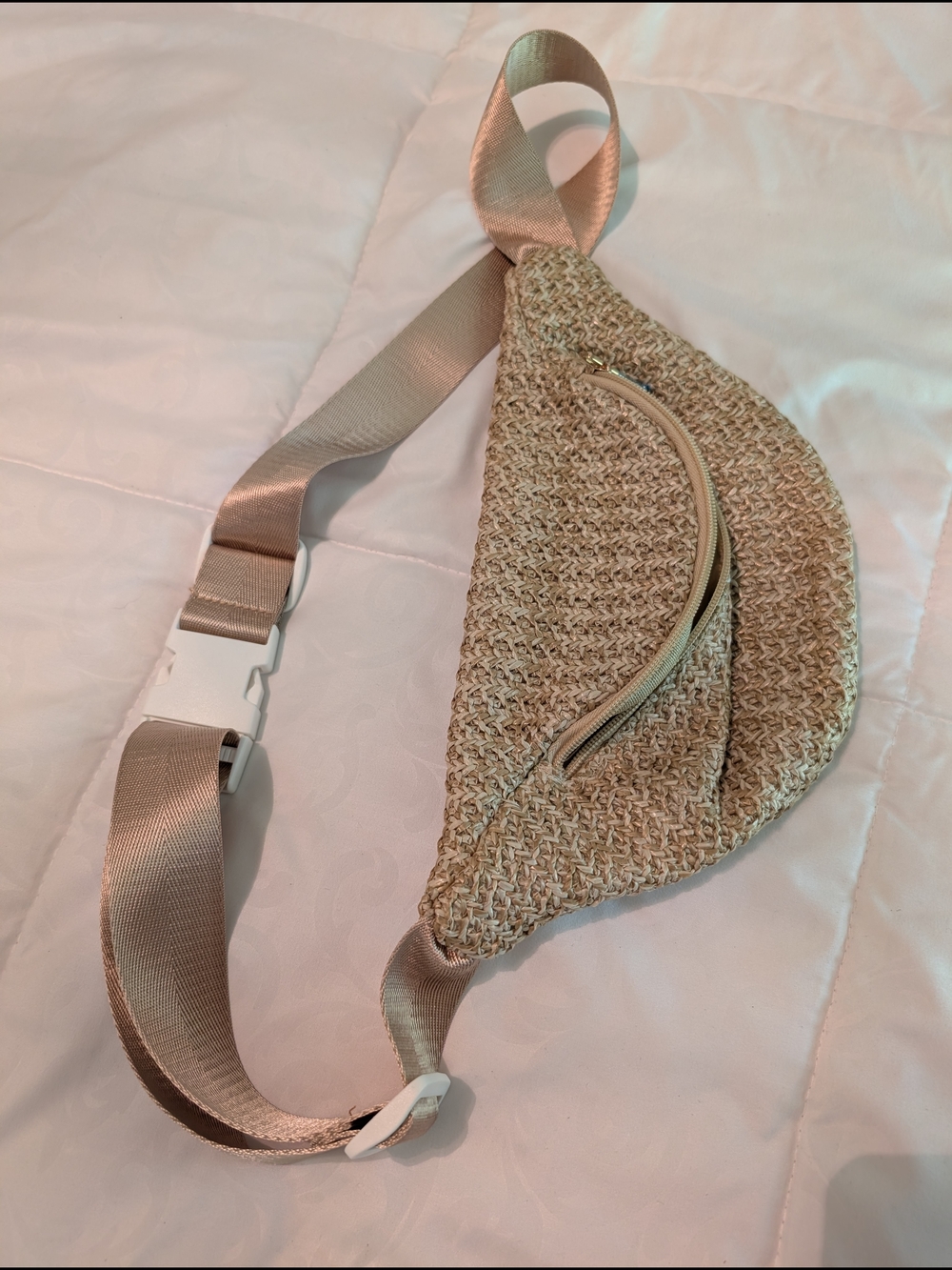 Pink Lily Beige Woven Crossbody Belt Bag
